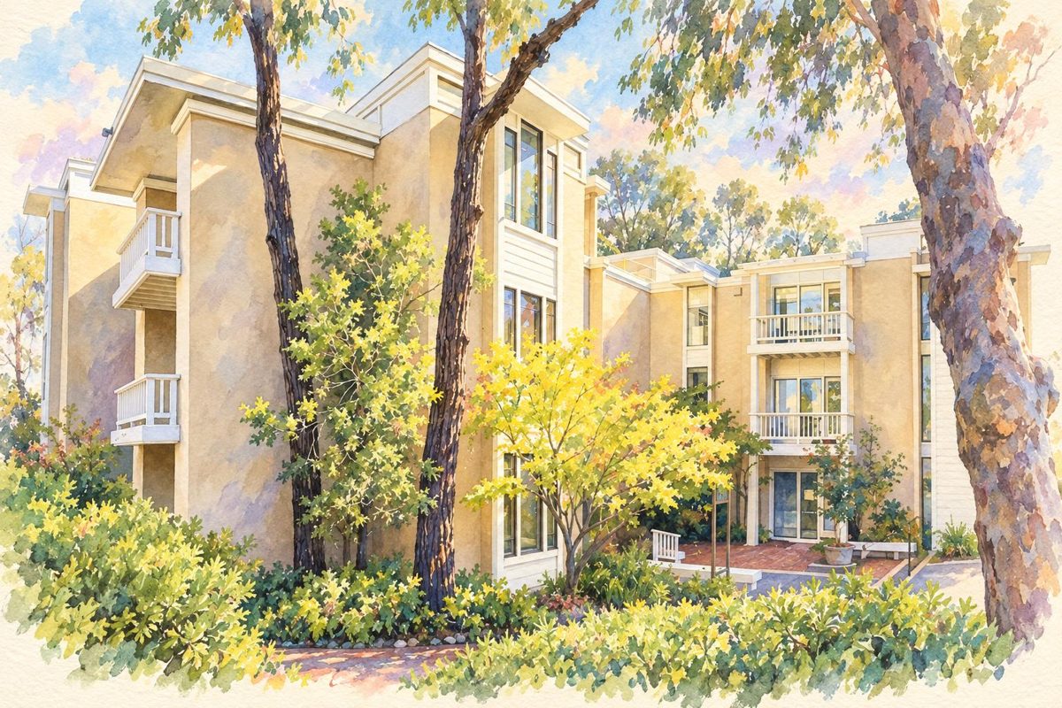 Watercolor painting of our Walnut Creek office building on Quail Court